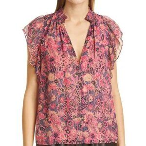 A.L.C.‎ Brown/Pink 100% Silk Hayley Floral Metallic Blouse Size 4